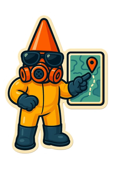 This character in retro sticker style, pointing to a map or screen, directing a team. sticker