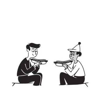 two men eating a hot dog face to face, hand drawn doodle style sticker