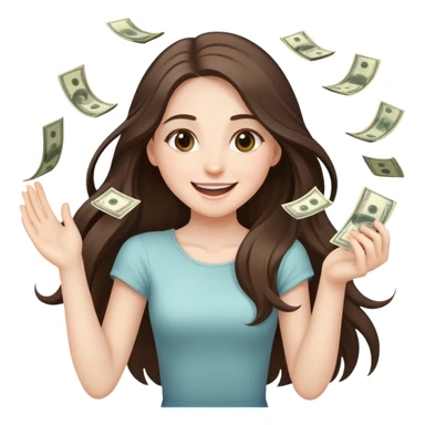 happy beautiful pale brunette girl with long hair throwing money sticker