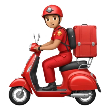 A man in red uniform on a red scooter with space in the back for cargo sticker