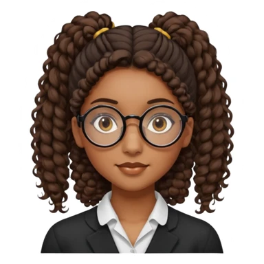 chica morena de ojos claros con gafas negras exagonales redondeadas. y pelo rizado castaño con todo el pelo recogido en una coleta .. Con todo el pelo recogido un clen look solamente una coleta tiene 16 años. hazlo como la segunda imagen pero sin el moño sticker
