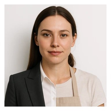 hyper realistic, symmetrical split-image of a woman, left side with business makeup and attire, right side natural, kitchen apron, white background, clear contrast sticker
