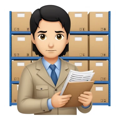 A middle-aged warehouse manager with black eyes and black hair, holding an inventory list. sticker