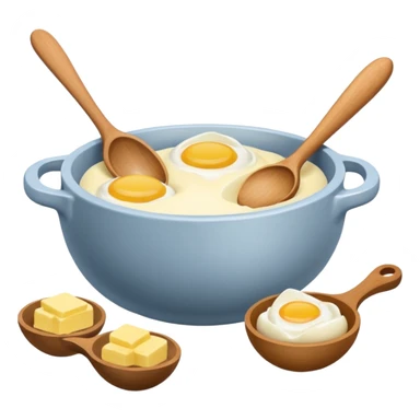 A cream ceramic baking bowl with a wooden spoon in it, next to it is a carton of eggs and butter sticker