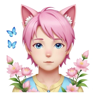 Pastel effeminate young femboy man with pastel pink shiny hair, pink cat ears, pastel yellow blouse, blue eyes, cute, gorgeous, anime, catboy, romantic, beautiful, flowers, aesthetic, sakura flower petals sticker