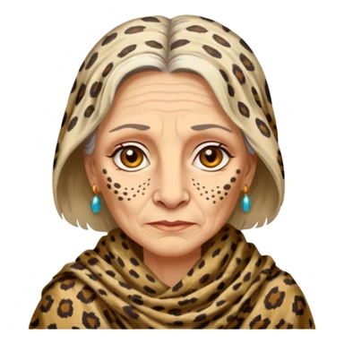 ancient white woman, tattered leopard skin shawl sticker
