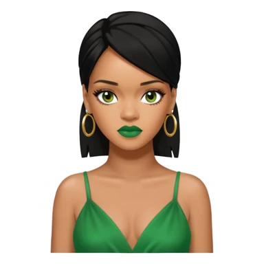 Rihanna black hair, hazel eyes, green dress sticker