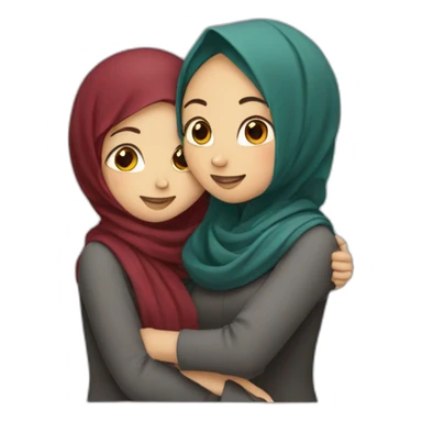 two girls hugging one in hijab second with dark red hair sticker