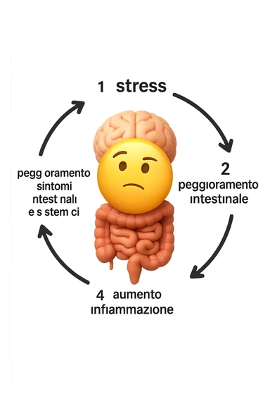EMOJI STILE IPHONE 3D DI un cerchio con queste scritte che girano intorno in ordine per come li ho scritti "1. stress → 2. peggioramento intestinale → 3. aumento infiammazione → 4. peggioramento sintomi intestinali e sistemici." al centro del cerchio metti un cervello e intestino umani collegati verticalmente con espressione dubbiosa in volto, FALLO MOLTO REALISTICO IN 3D sticker