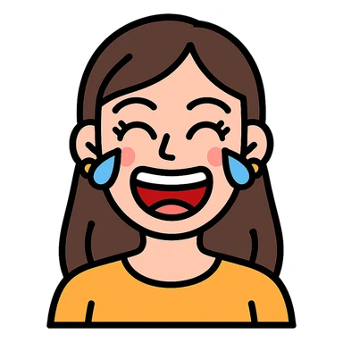 vector emoji of a woman laughing hard, eyes squeezed shut with tears, big open mouth with visible teeth and tongue, flushed cheeks, long lashes, makeup accents, bright colors, clean lines, playful and lively style sticker
