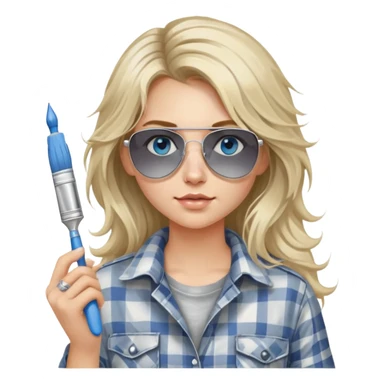 girl with long blond messy hair, white paint on her face wearing grey plaid shirt with blue eyes and aviator sunglasses wearing a ring on her silver necklace, holding a paint brush roller sticker