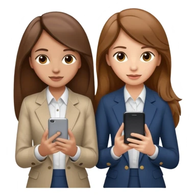 two brown haired girls, looking professional maybe leaned on each others back and looking forward and using phones, with long hair and one girl can hold lap top another one can hold the phone, professional clothes, more stylish sticker