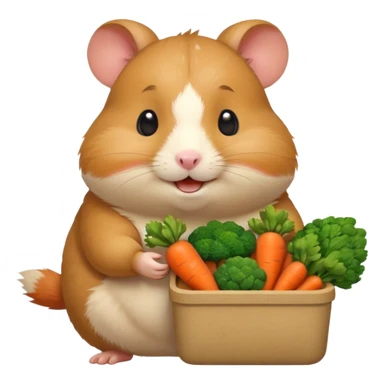 Cute chubby cartoon-style hamster holding a small bento box filled with vegetables, smiling proudly. Soft painterly shading, white background, sticker-style illustration sticker