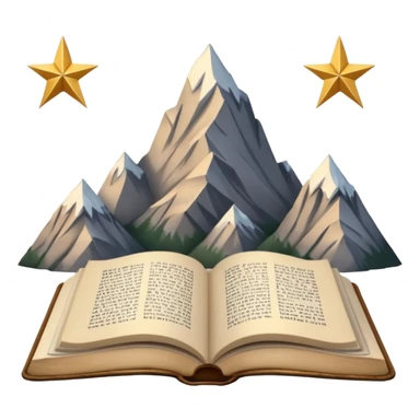 three mountain peaks of gray color, above each of the peaks there is a golden star, in front of the mountain peaks there is an open book sticker