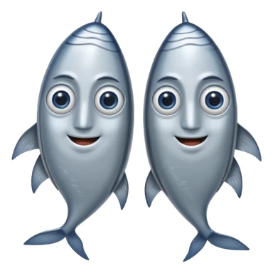 two whole sardines side by side, silvery skin, blue-gray, fine scales, slim elongated bodies, pointed heads, visible eyes, curved tails, soft lighting, emoji scale sticker