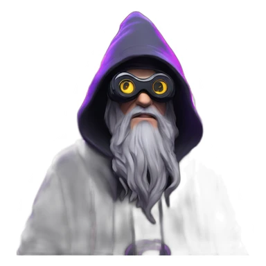 Gandalf wearing a black hoodie with "OMG" letters on it and VR headset in a cyberpunk VR environment with violet neon lighting. sticker