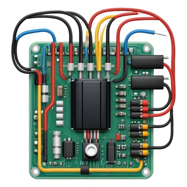 An icon featuring a circuit board, electrical wires, symbolizing electrical engineering. The design includes resistors, capacitors, and a power transformer, representing the study of electrical systems and innovation. Transparent background highlights modern electrical technology sticker