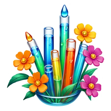 Create an icon that represents decorative arts using epoxy resin. The design should feature colorful tubes of resin, including fluorescent resin tubes, with visible drops or strokes of resin being applied to create intricate designs. Include finished resin jewelry pieces, such as pendants or rings, containing preserved flowers and insects encased in clear resin. The composition should feel vibrant, artistic, and delicate, showcasing the unique beauty of resin art with natural elements. The background should be transparent sticker