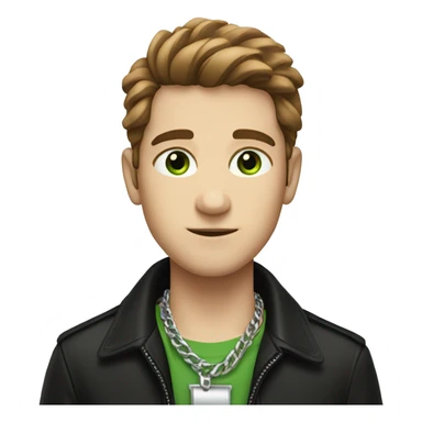 Brown luscious hair for a boy with a black jacket and silver chain across neck, green eyes sticker