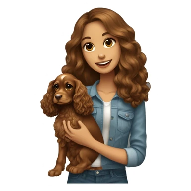 Beautiful stylish girl with brown long hair holding in her arms gold puppy English Cocker Spaniel sticker