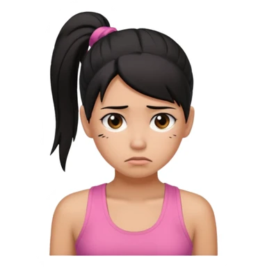A tan girl with black hair in a ponytail. Wearing a pink tank top. Looking sad sticker