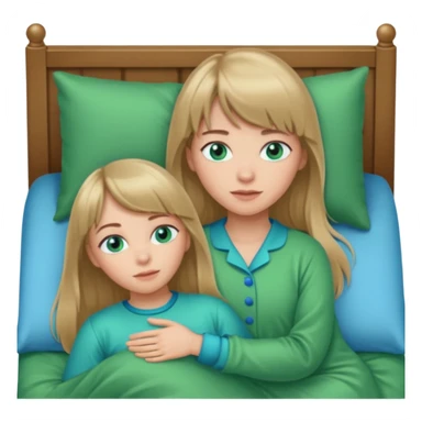 Woman with long dark blond hair and bang woth blue eyes alone in bed  with green pyjama sticker