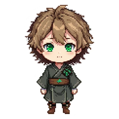 Young Rudeus Greyrat chibi, big green eyes, round face, messy light brown hair, wearing a tunic, cute and curious anime style sticker