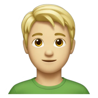 a white boy, wearing a green shirt with side swept blonde hair, with a lizard on his shoulder sticker