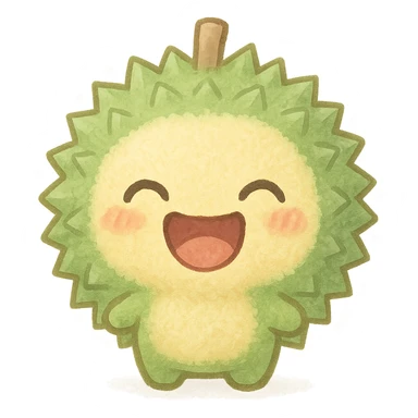chibi-style round durian character with green spiky shell and yellow flesh, soft fluffy texture, laughing with eyes closed and mouth wide open, soft pastel style, full-body sticker