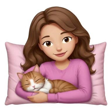 girl with wavy long brown hair, brown eyes, light to medium complexion, long lashes, light pink lipstick, smiling, wearing light pink shirt, sleeping on a cozy pillow, with brown tabby cat  sticker