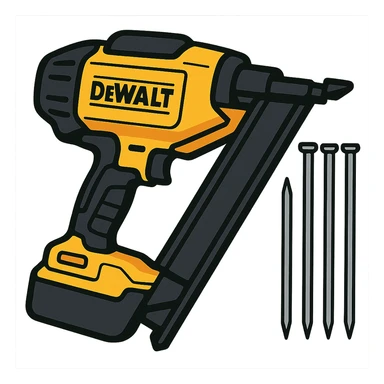 cartoon style DeWalt nail gun, yellow and black, with nails sticker