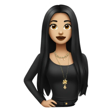 girl with long black hair with brown eyes plump lips with long eyelashes in a black top and jewelry on her neck sticker
