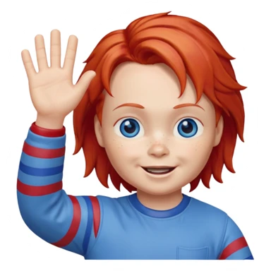 Can you create an emote for me referencing the Chucky character, with a happy and cute expression, that's waving sticker