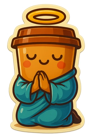 Tall coffee cup, bowing on knees, praying, worship, wearing soft blue monk robes, halo sticker