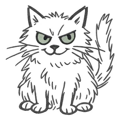 grey fluffy mischievous cat with green eyes, hand drawn icon style sticker