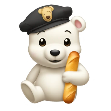 white winnie the pooh, parisien style with beret on hair and baguette on arms sticker