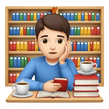 emoji student stressed with books and coffee, exam, tired, white background sticker