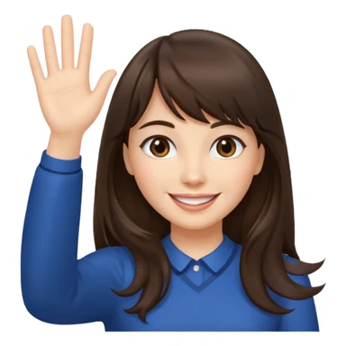 brunette woman with bangs and long hair waving, smiling sticker