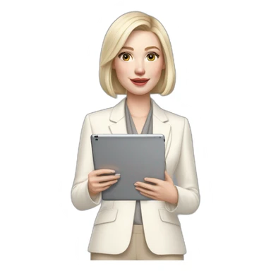pale skin woman with ash blonde Straightened bob Hair, White Spacious classical jacket, beige palazzo Arrow pants and gray blouse holding a IPad Pro 12.9” in the hands sticker