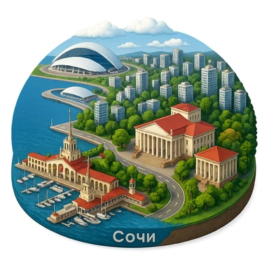 Изометричная, яркая, детализированная и фотореалистичная иллюстрация панорамы города Cочи на круглой подставке в стиле 3D-коллажей городов, здание Морского Порта, Зимний театр, стадион Фишт, море чёткие линии, слегка мультяшная стилистика, прозрачный фон, не обрезать края картинки sticker
