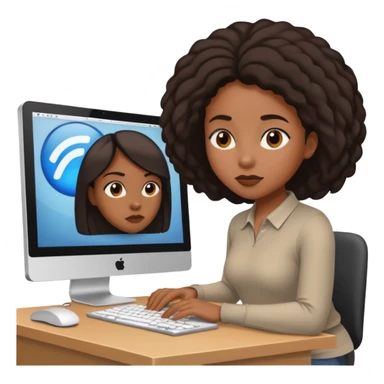 black woman working on a computer, hiding behing her computer, no brand on the computer, focused on the screen sticker