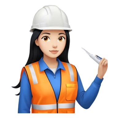 Female civil engineer with long black hair and white helmet wearing white shirt, blue sweater and an orange safety vest looking at big drawing plan  sticker