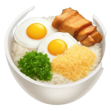 a bowl of rice with two eggs and two chicken thigh sticker