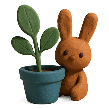 cinnamon bunny peeking behind a plant, claymation style sticker