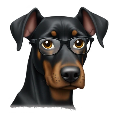 black Doberman with brown spots in a gray sweatshirt and wearing glasses with black frames, positive sticker