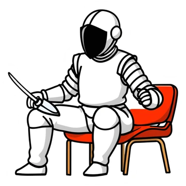 epee fencer sitting on stool holding mask under arm before match sticker