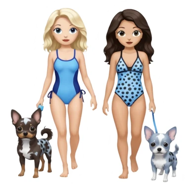 2 pretty women in bathing suits, hazel eyed light skin with dark brown wavy long hair, walking a blue and gray spotted Merle Frenchie the other blue eyed light skin long blonde hair walking a black chihuahua  sticker