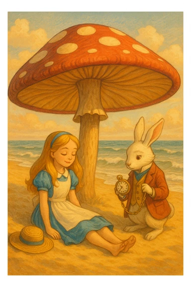 Alice and the White Rabbit enjoying a beach day under a mushroom-shaped umbrella, fantasy illustration, warm colors, gentle waves in background sticker