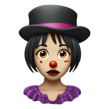 Sad clown girl wearing jesters hat with short chin length straight black hair exaggerated expression of sadness on her face  sticker