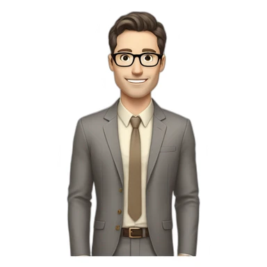 Pale skinned fit man with dark brown hair in gray jacket, beige office shirt, brown tie, brown pants and vintage glasses Writing text on a marker board sticker